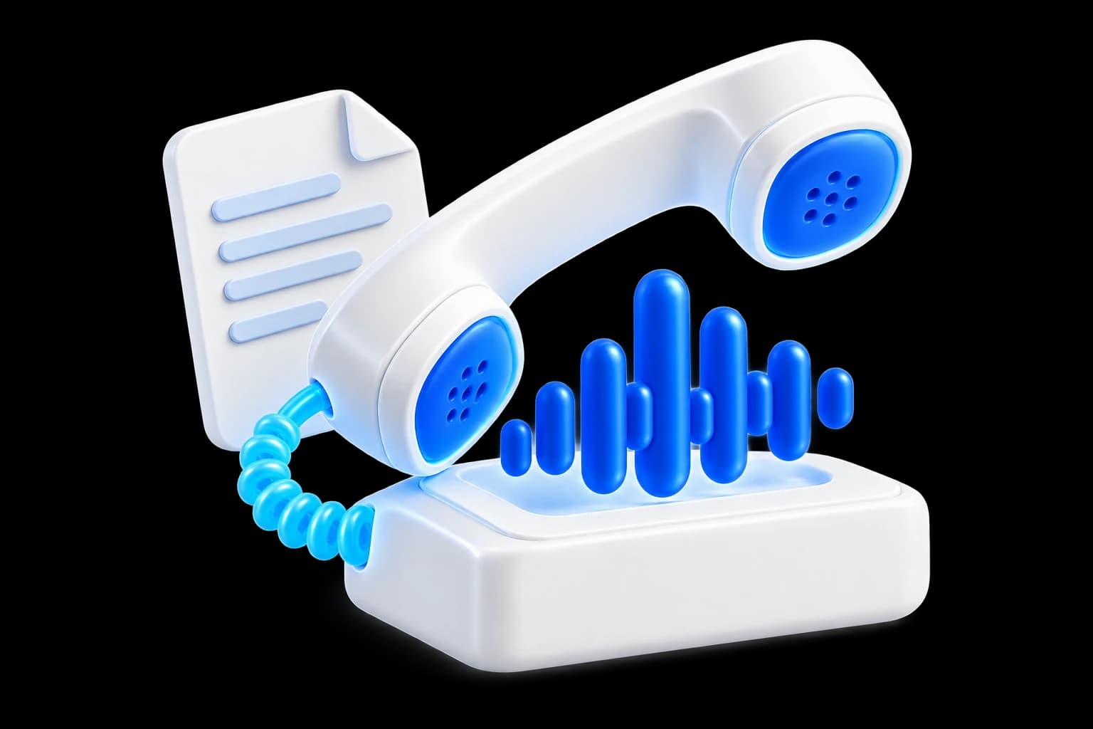 Telefone com ondas de voz e uma transcrição, representando o atendimento telefônico com IA