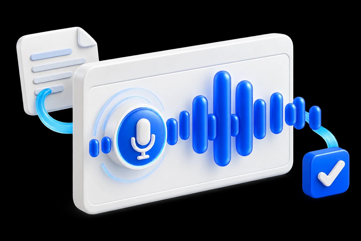 Janela de site com um microfone e ondas de voz, representando o agente de voz no navegador